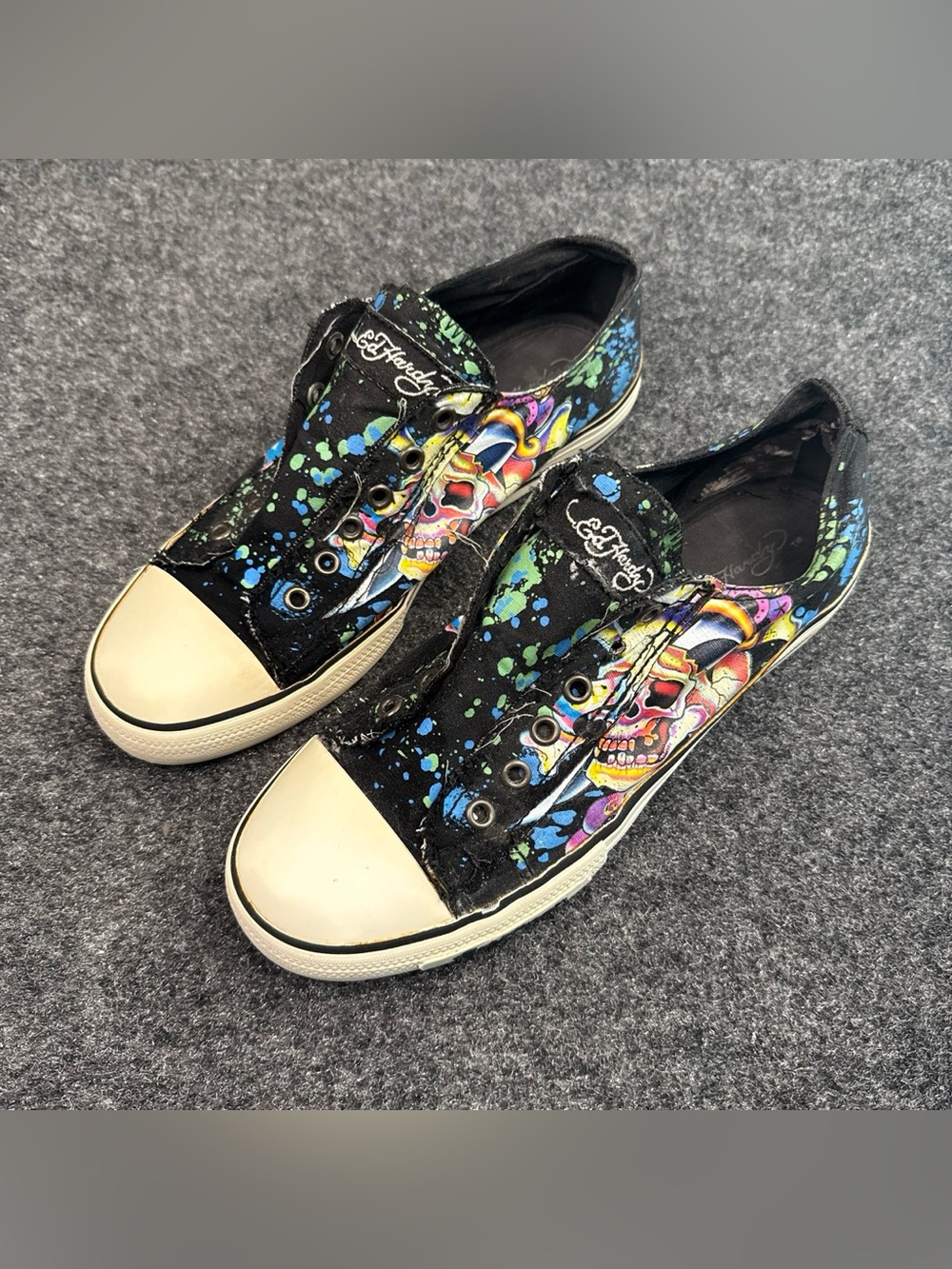 Ed Hardy Black Y2K Slip-On Sneakers with Multicolor Skull Graphics